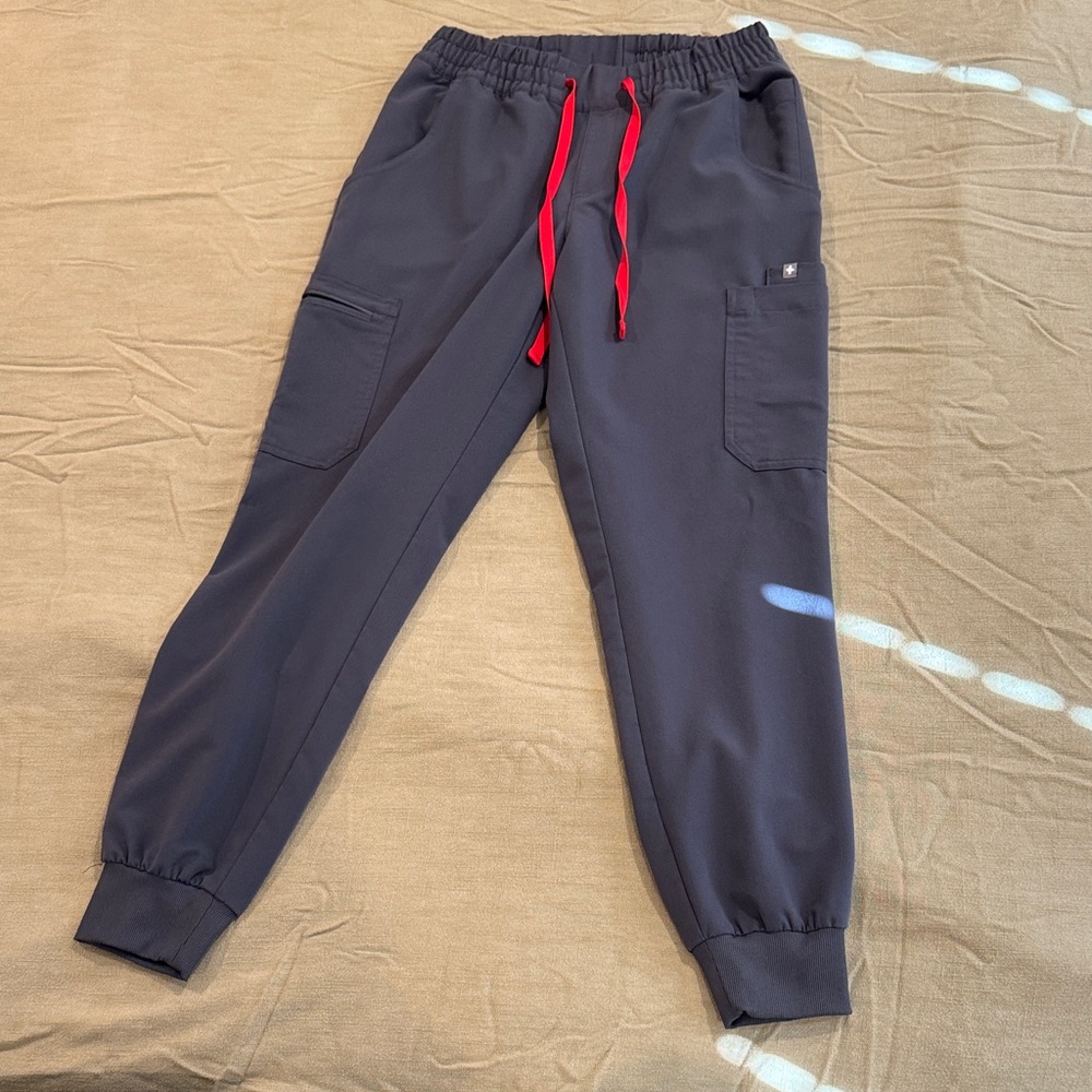 Figs Dark Gray Jogger Scrub Pants with Red Accents